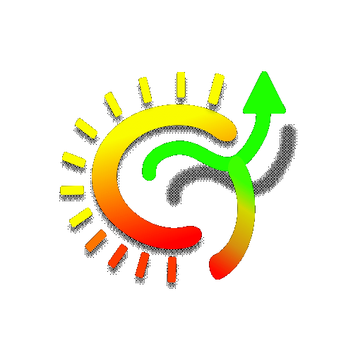 Logo Flufiny animato — sole giallo e freccia verde che girano